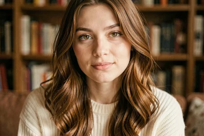Femme aux yeux hazel et cheveux châtains ondulés portant un pull crème dans un intérieur chaleureux