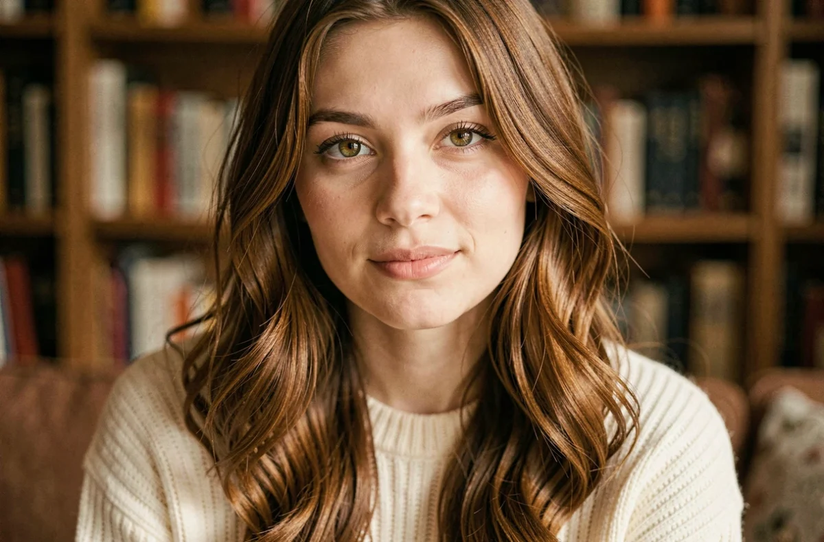 Femme aux yeux hazel et cheveux châtains ondulés portant un pull crème dans un intérieur chaleureux